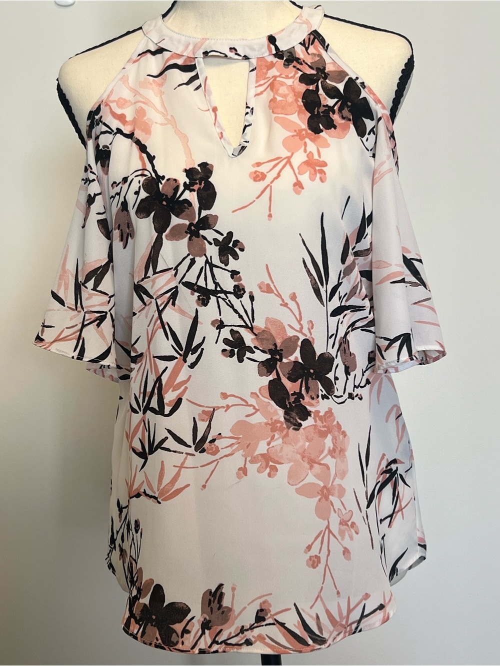 le chateau Cream Floral Cold-Shoulder Blouse with Black and Blush Print